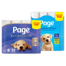 Page toiletpapier compleet schoon
pak à 40 rollen,
kussenzacht pak à 32 rollen
of puur pak à 24 rollen